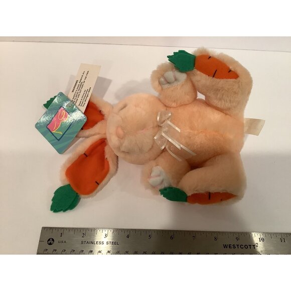 Vtg Plush Main Joy Peach Easter Bunny Rabbit Carrot Feet Ears Stuffed Animal - Picture 2 of 5